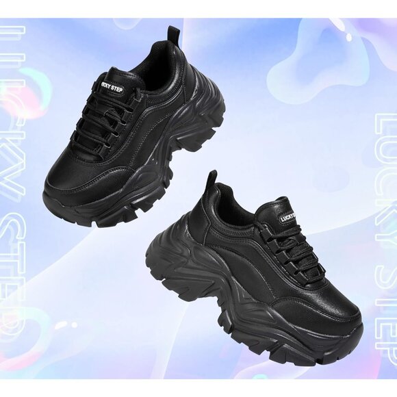 Women's Black Chunky Rubber Platform Casual Lace-Up Walking Sneaker Shoes - Picture 5 of 9